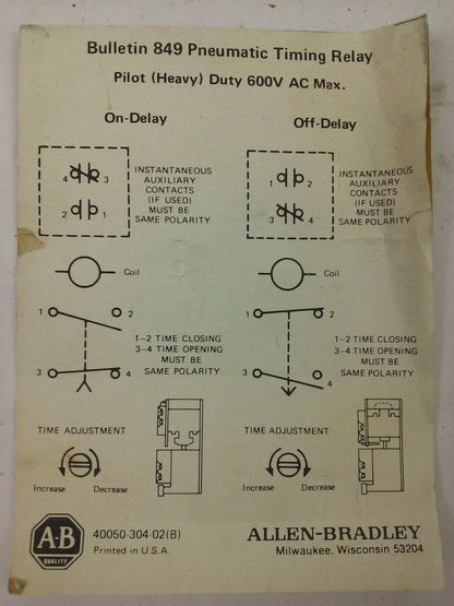 ALLEN BRADLEY 849-ZOH32, SER. B, PNEUMATIC TIMING RELAY, 208V-60HZ, NEW