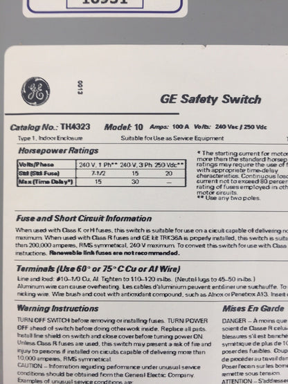 GE TH4323 HEAVY DUTY FUSIBLE SAFETY SWITCH MODEL 10 100A 240VAC 250VDC 30HP TYPE