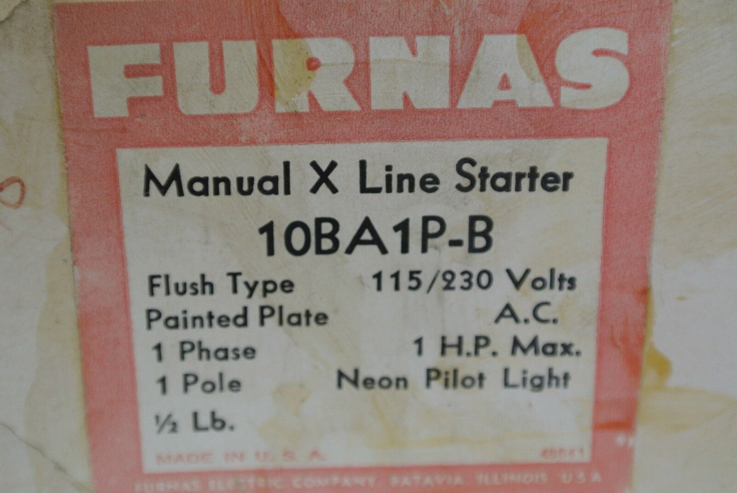 FURNAS 10BA1PB MANUAL STARTER 115/230V 1HP 1-PH 1-POLE OPEN w/ NEON PILOT LIGHT