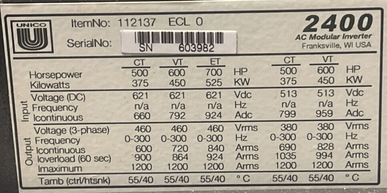 UNICO 112137 2400 AC MODULAR INVERTER 700HP 525KW OUTPUT 460V 3PH INPUT 621VDC