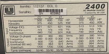 UNICO 112137 2400 AC MODULAR INVERTER 700HP 525KW OUTPUT 460V 3PH INPUT 621VDC