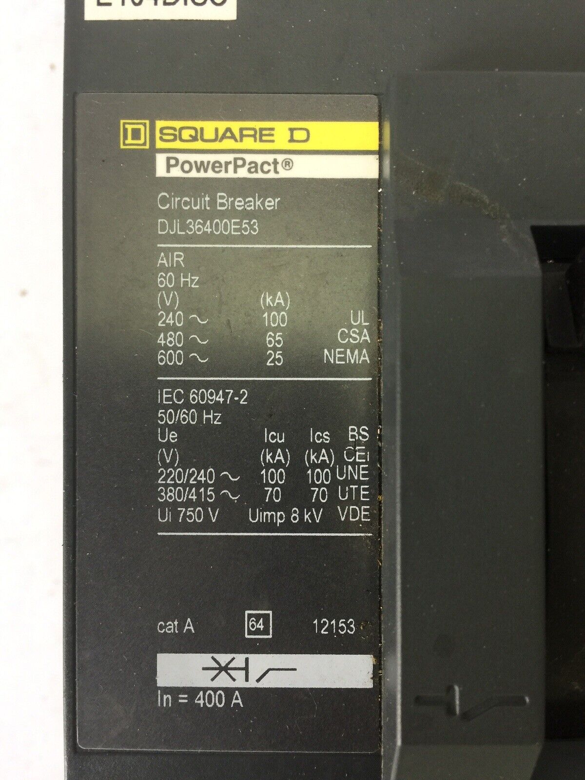 SQUARE D DJL36400E53 POWERPACT CIRCUIT BREAKER 400A 600VAC