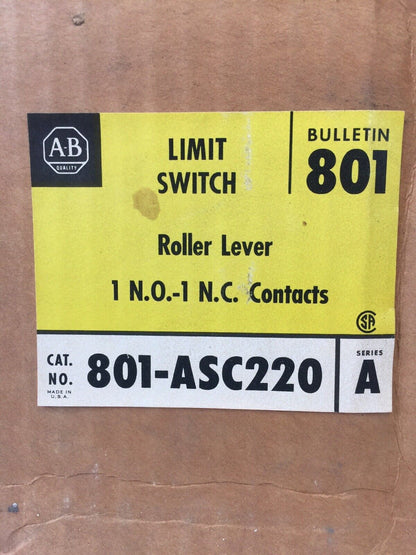 ALLEN BRADLEY 801-ASC220 LIMIT SWITCH ROLLER LEVER 600V AC/DC 1 N.O.-1 N.C. CONT
