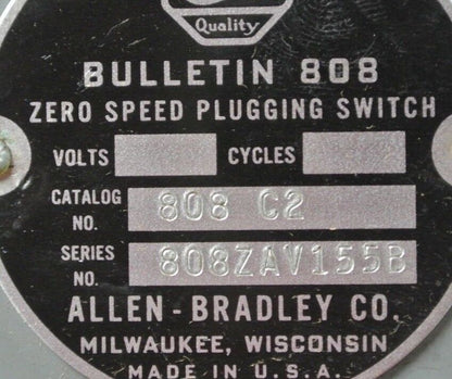 ALLEN-BRADLEY 808C2 ZERO SPEED PLUGGING SWITCH 50-200RPM -  NEW SURPLUS
