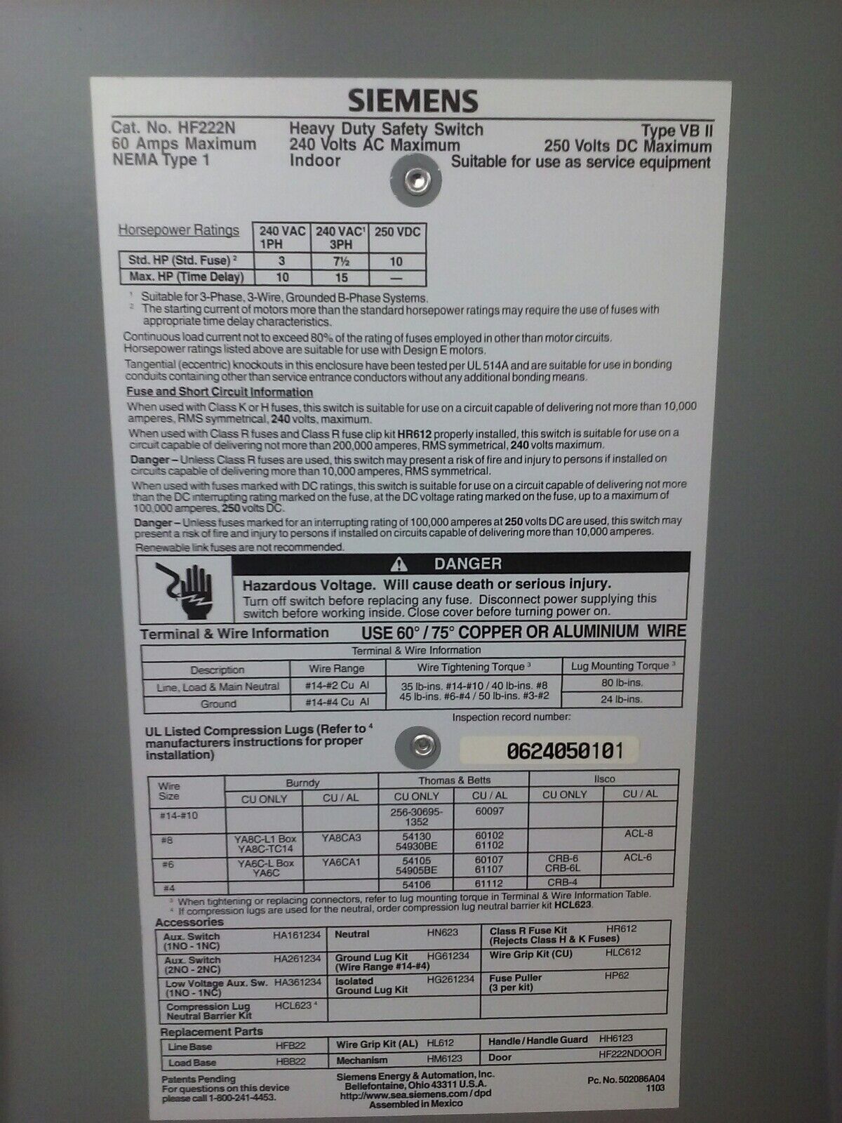 SIEMENS HF222N FUSIBLE SAFETY SWITCH 2P, 3 WIRE, 60A, 240V, 15HP, NEMA 1 INDOOR