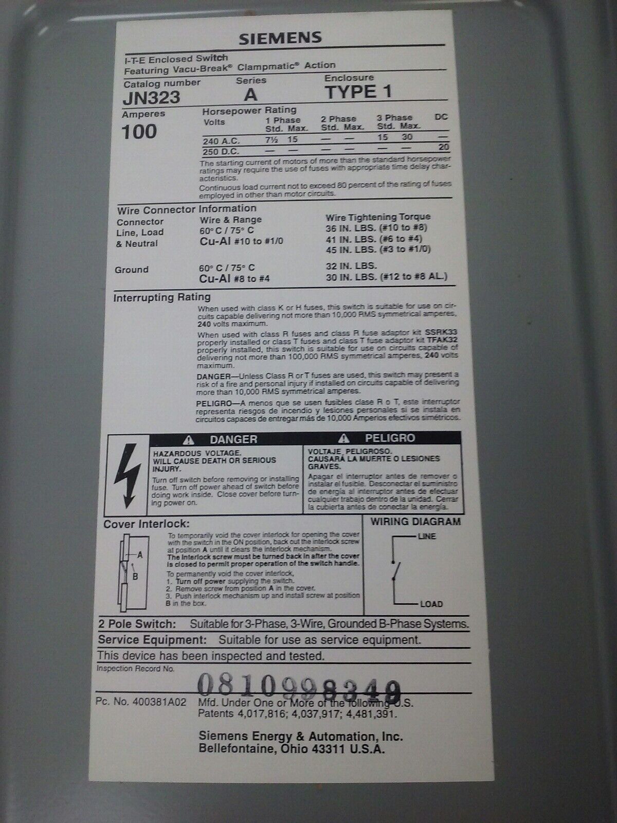 SIEMENS JN323 SERIES A FUSIBLE SAFETY SWITCH 2P, 100A, 240V, 15HP, TYPE 1 INDOOR