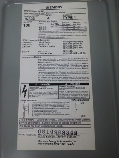 SIEMENS JN323 SERIES A FUSIBLE SAFETY SWITCH 2P, 100A, 240V, 15HP, TYPE 1 INDOOR