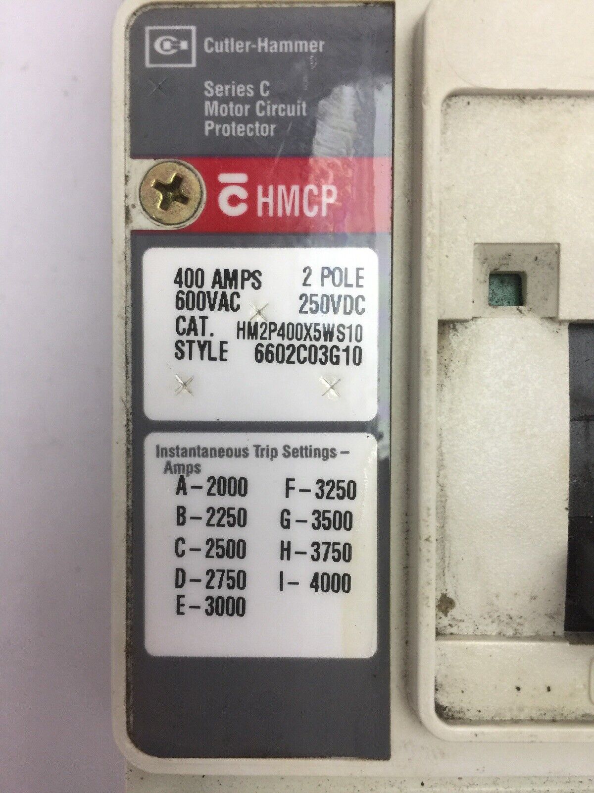 CUTLER HAMMER HM2P400X5WS10 MOTOR CIRCUIT PROTECTOR 400A 600VAC 250VDC 2 POLE