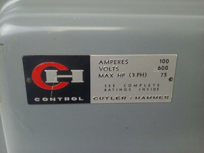 CUTLER HAMMER DH363U NON FUSIBLE H.D. SAFETY SWITCH 3P 100A 600VAC/250VDC 75HP