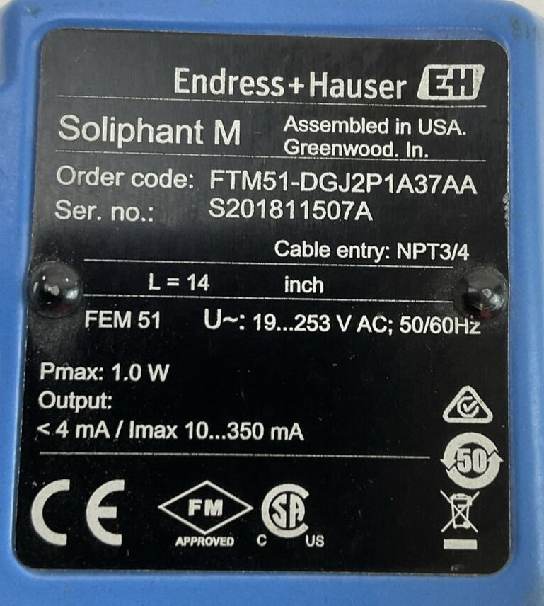 ENDRESS + HAUSER FTM51-DGJ2P1A37AA POINT LEVEL SWITCH 19...253VAC