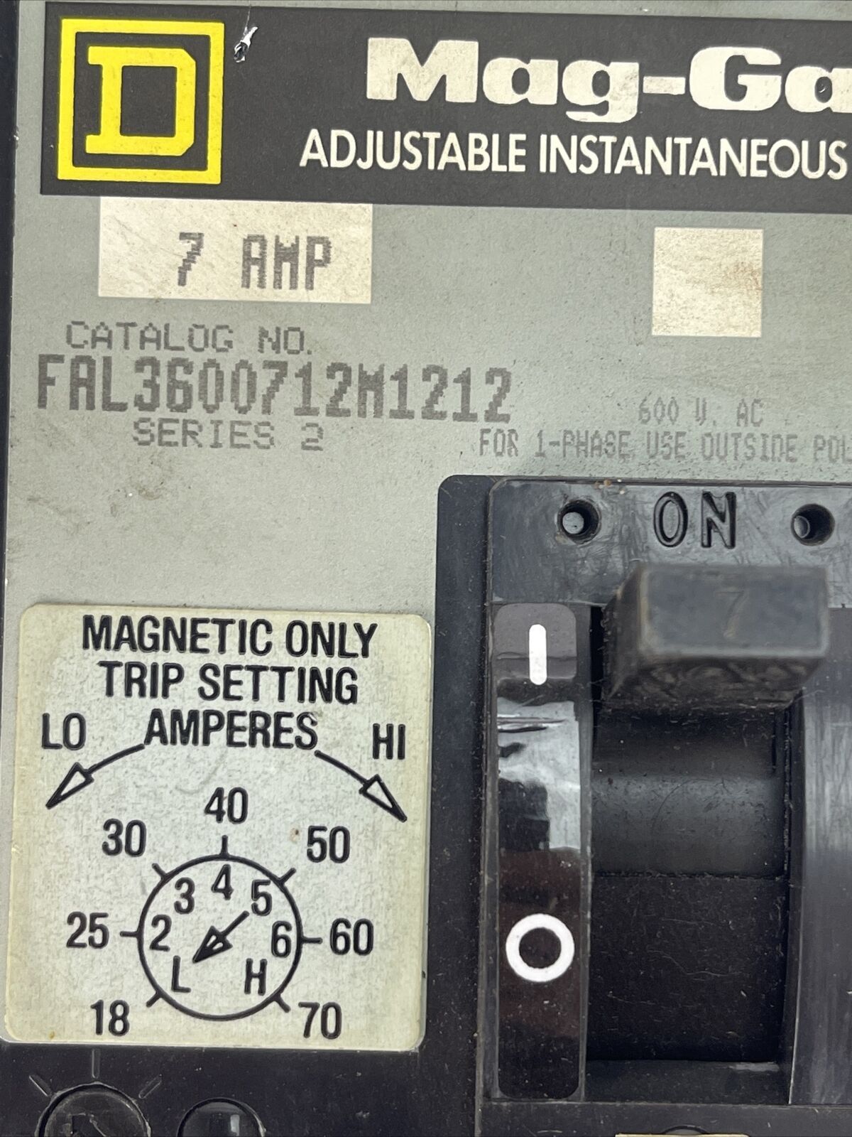 SQUARE D FAL3600712M1212 ADJ. INST. TRIP CIRCUIT BREAKER 7A 600VAC SER2 18-70AMP