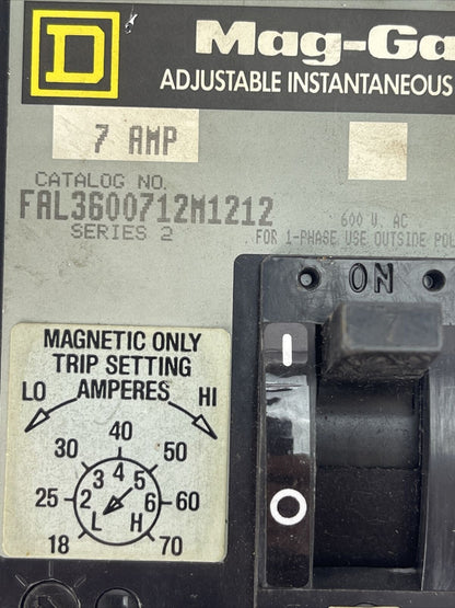 SQUARE D FAL3600712M1212 ADJ. INST. TRIP CIRCUIT BREAKER 7A 600VAC SER2 18-70AMP
