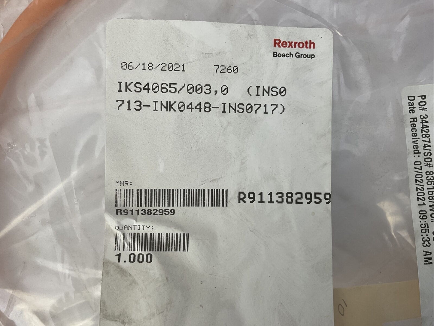 REXROTH R911382959 SERVO FEEDBACK CABLE 3.00M IKS4065/003,0