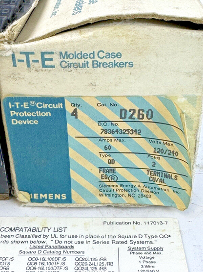 ITE / SIEMENS *BOX OF 4* - D260 - CIRCUIT BREAKERS-60A/2POLE/240VAC/TYPE QD/NEW