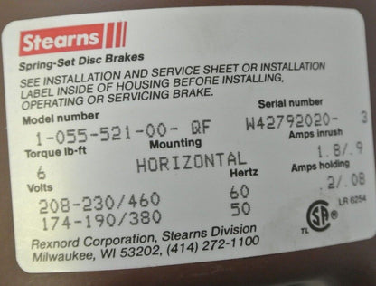 STEARNS 105552100DQF - BRAKE ASSEMBLY, STD 208-230VAC, 60Hz, 0.08-0.2A, 6LB-FT