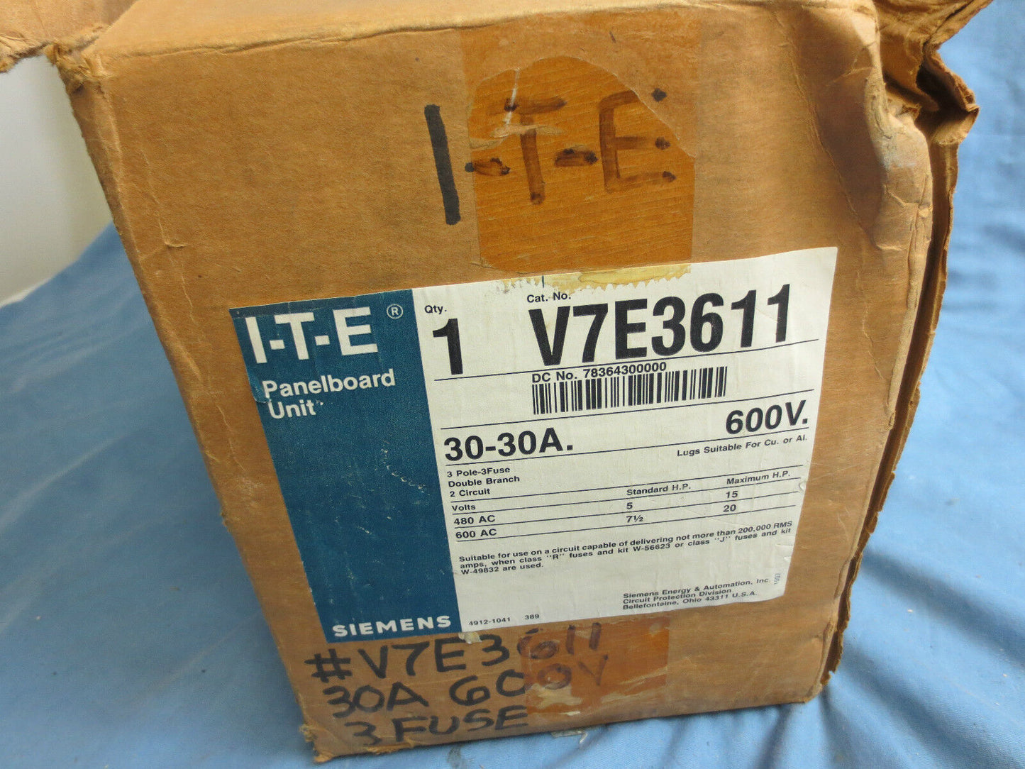 I-T-E SIEMENS V7E3611 VACU-BREAK PANELBOARD UNIT, 600VAC 30-30A 2-CIRCUIT SWITCH