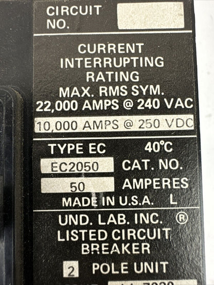 CUTLER HAMMER EC2050 CIRCUIT BREAKER 50AMP 240VAC 250VDC 2POLE