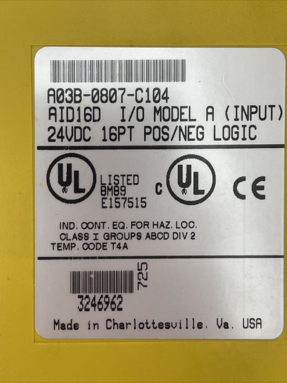 FANUC A03B-0807-C104 AID16D  I/O MODEL A INPUT 24VDC 16PT POS/NEG LOGIC *NO DOOR