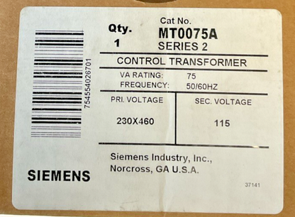 SIEMENS MT0075A CONTROL TRANSFORMER 75VA 50/60HZ PRIM.230X460V SEC.115V