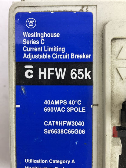 WESTINGHOUSE HFW3040 6638C65G06 40A 690VAC 3P SER C CURRENT LIMITING ADJ CIRCUIT