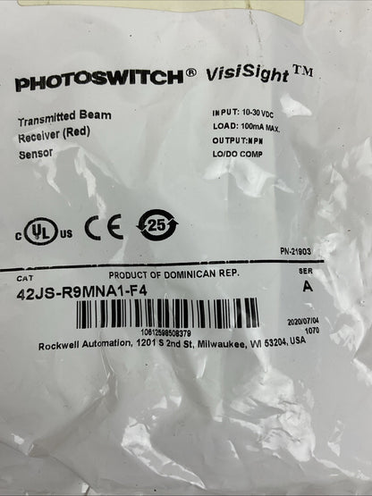 ALLEN BRADLEY 42JS-R9MNA1-F4 SER A TRANSMITTED BEAM RECEIVER RED SENSOR 10-30VDC