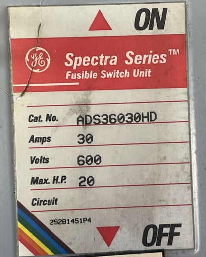 GE ADS36030HD FUSIBLE PANELBOARD SWITCH UNIT 30A 600V 20HP 3P SPECTRA SERIES