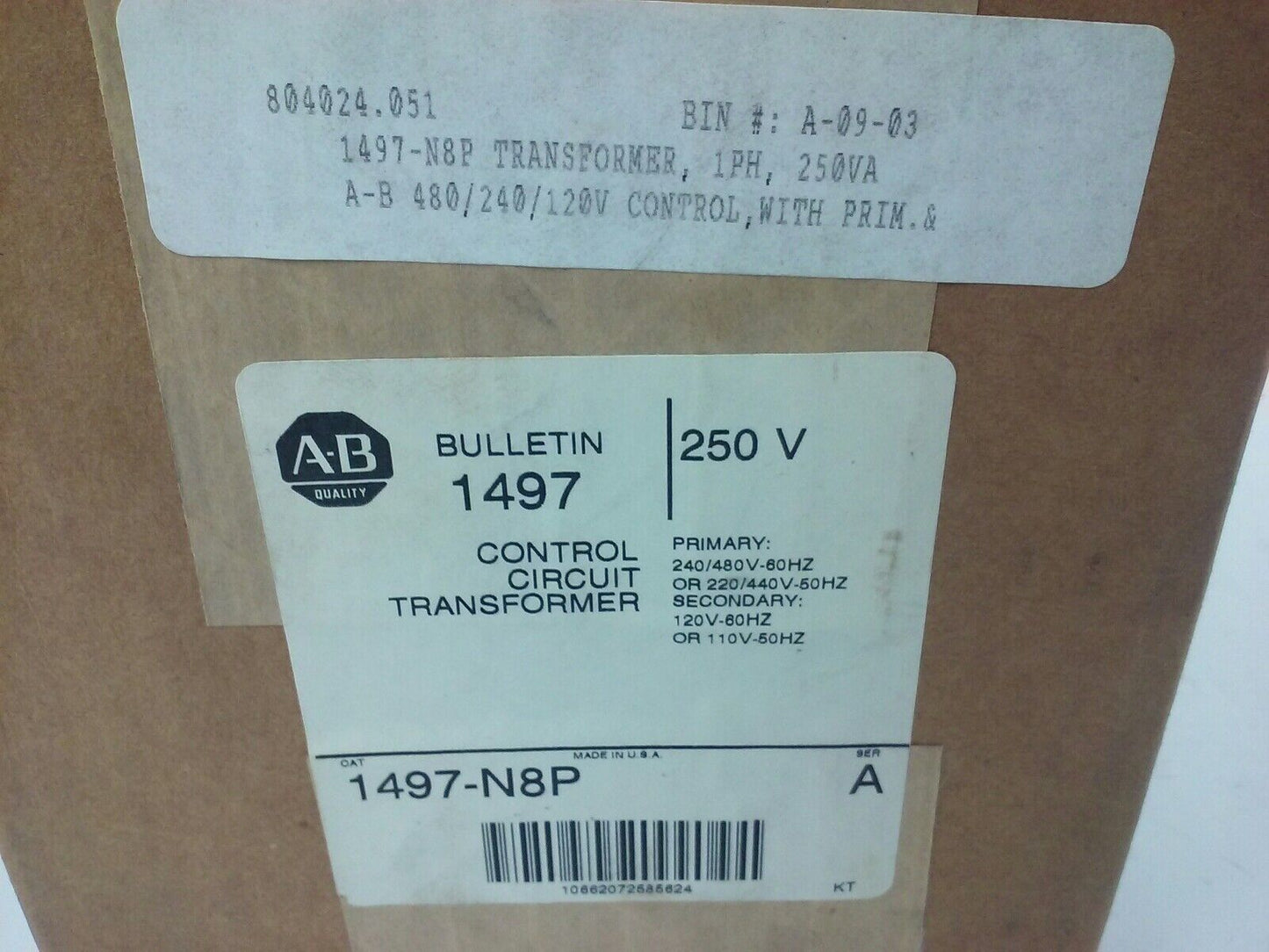 ALLEN BRADLEY 1497-N8P SER. A CONTROL CIRCUIT TRANSFORMER,1PH,250V,PRIM 240/480V