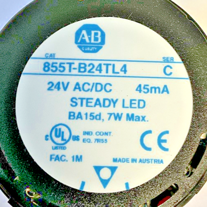 ALLEN BRADLEY 855T-B24TL4 STEADY LED LIGHT SER.C 45MA 7W 24VDC***LOTOF2***