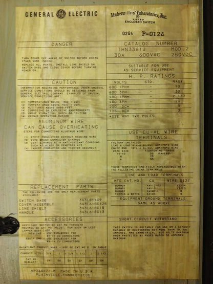 GE THN3361J MODEL 2 SAFETY SWITCH 30A 3P 600VAC/250VDC 30 MAX H.P.