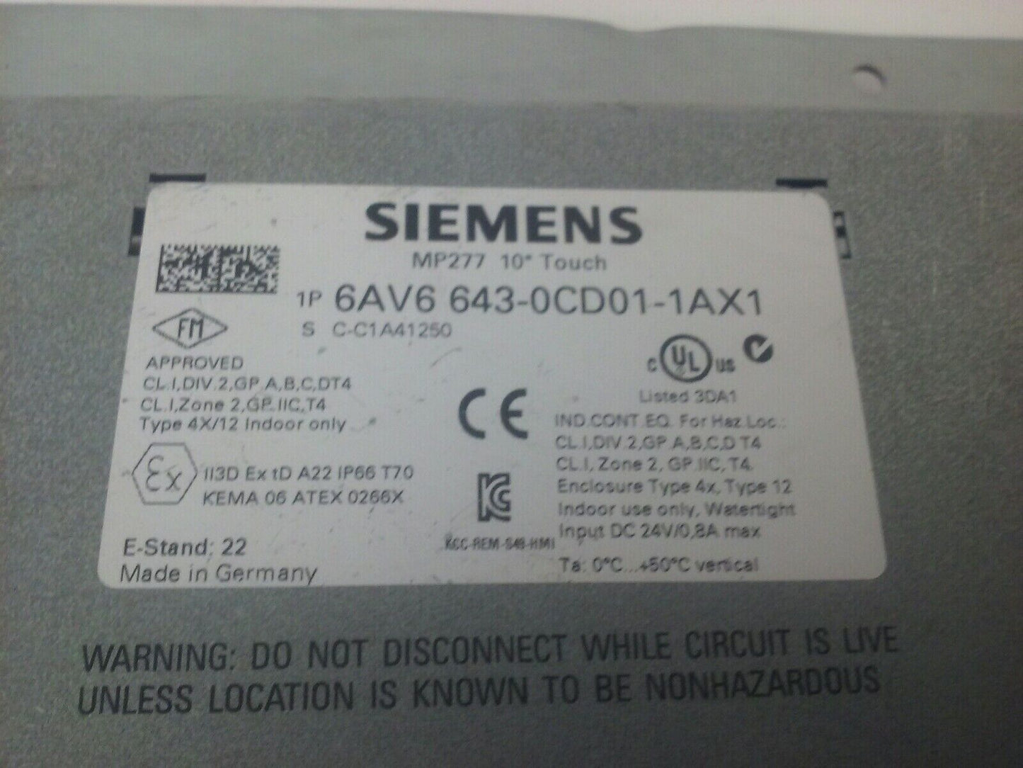 SIEMENS 1P 6AV6 643-0CD01-1AX1 MP277 10'' TOUCH OPERATOR INTERFACE PANEL WITH CD