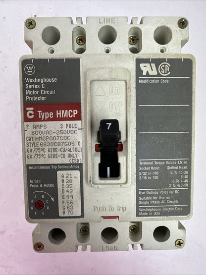 WESTINGHOUSE HMCP007C0C SER C 3P 7AMP 600VAC 250VDC 6630C7G05 C MOTOR CIRCUIT