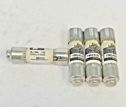 BUSSMANN *LOT OF 4* - FNQ-R-25 - 25 AMP, 600 VAC, TIME-DELAY, CLASS CC FUSES