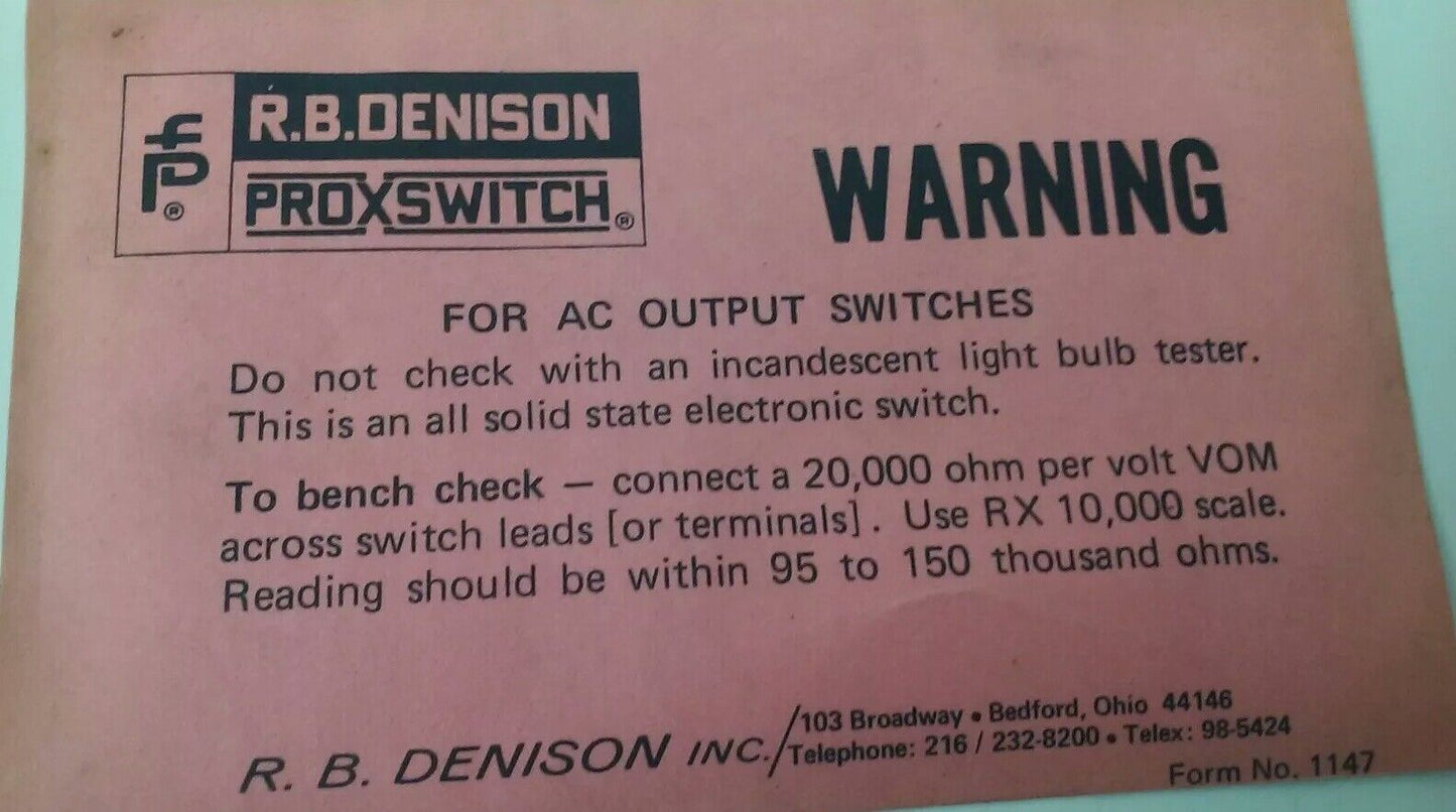 R.B.DENISON NJ15+B+VWS PROXIMITY LIMIT SWITCH, 80-250VAC/400mA, F=45-60HZ, NJ15B
