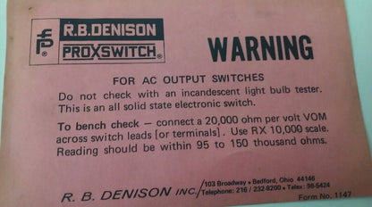 R.B.DENISON NJ15+B+VWS PROXIMITY LIMIT SWITCH, 80-250VAC/400mA, F=45-60HZ, NJ15B