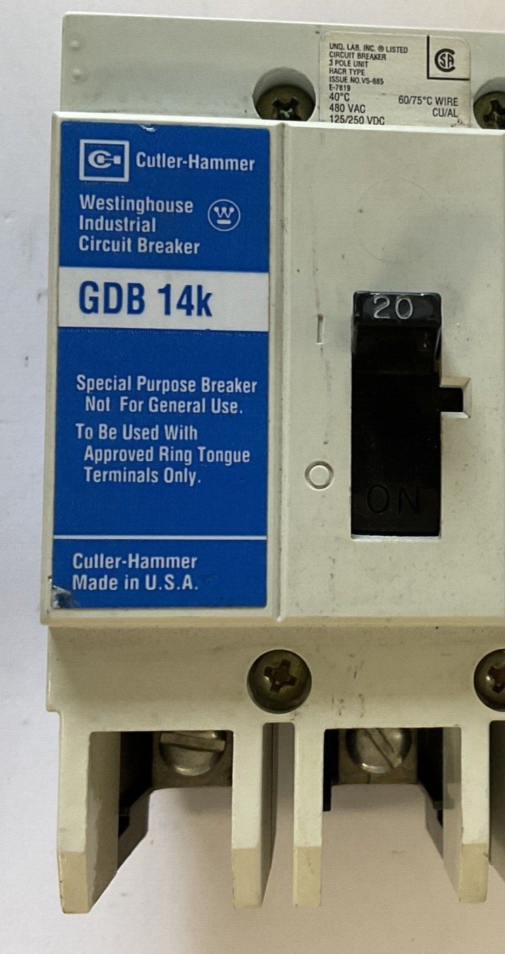 WESTINGHOUSE GDB 14K CIRCUIT BREAKER 20A 480VAC 3POLE 50/60HZ GDB3020