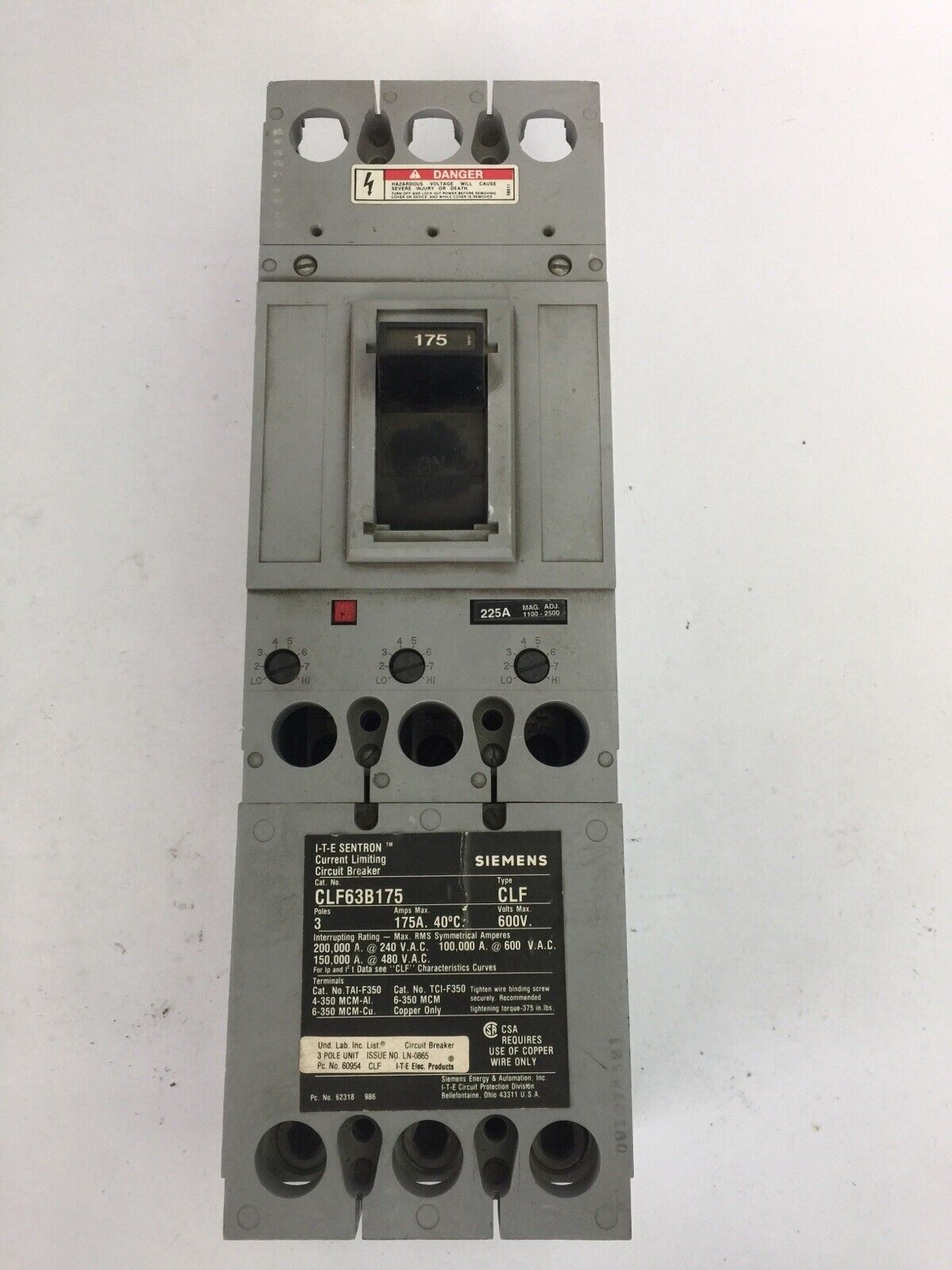 SIEMENS CLF63B175 CIRCUIT BREAKER 600VAC 175AMP 3POLE TRIP 225A