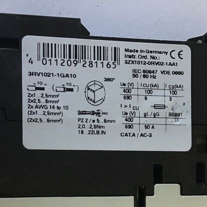 SIEMENS 3RV1021-1GA10 MOTOR STARTER 690V