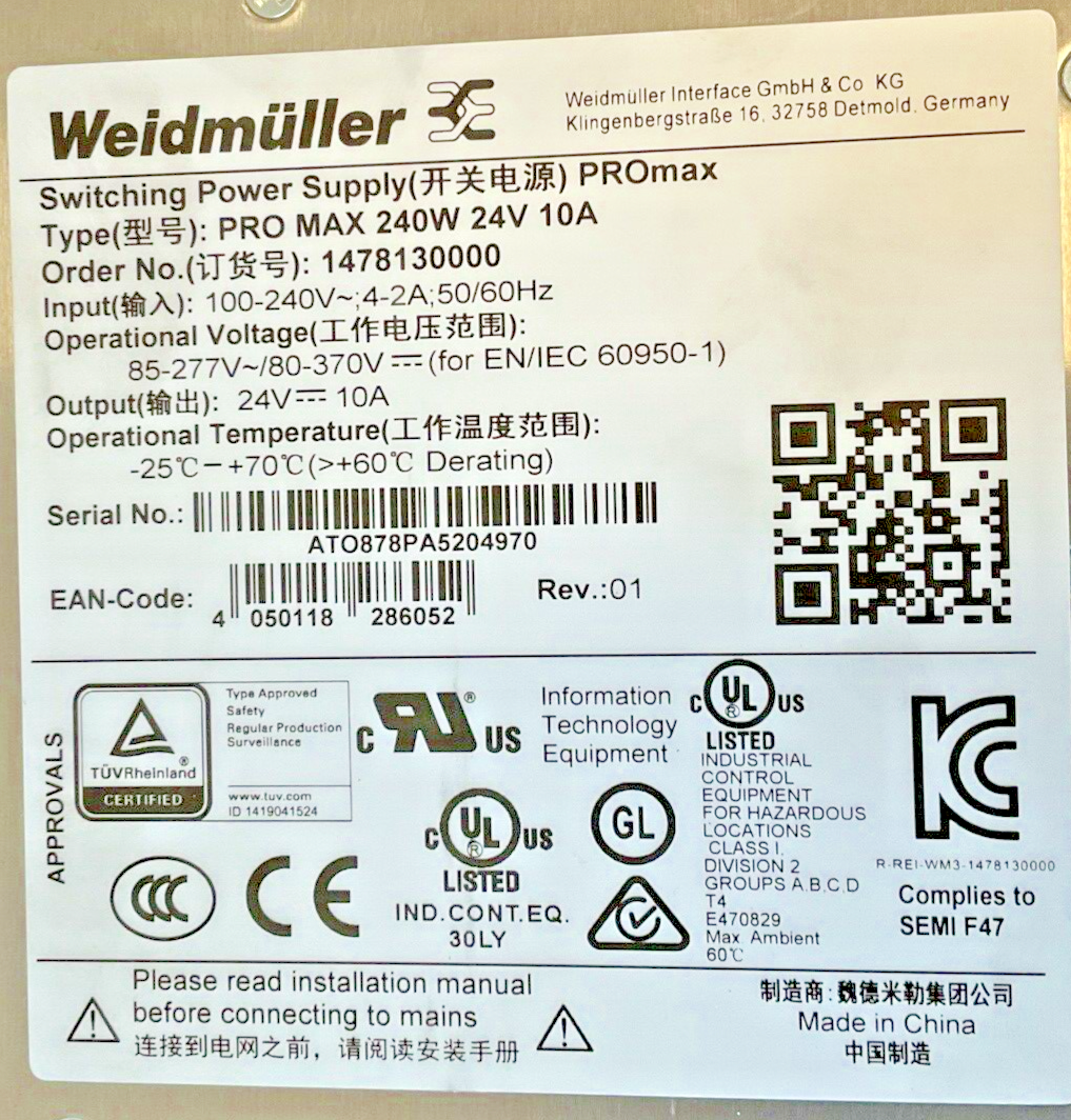 WEIDMULLER 1478130000 SWITCHING POWER SUPPLY 240W 24V 10A