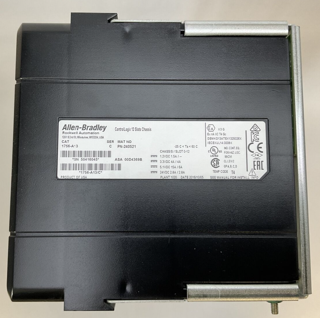 ALLEN BRADLEY 1756-PA72 SER C CONTROL LOGIX AC POWER SUPPLY 1756-A13 13 SLOT