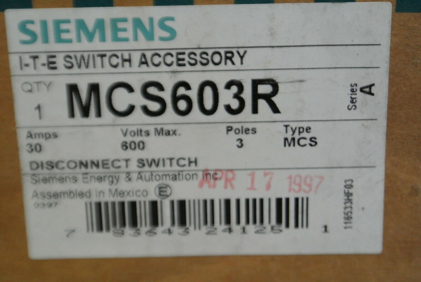 SIEMENS MCS603R / I-T-E / DISCONNECT SWITCH / 30A / 600V / 3-POLE / NEW SURPLUS