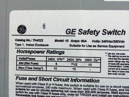 GENERAL ELECTRIC TH4322 60 AMP FUSIBLE SAFETY SWITCH TYPE 1