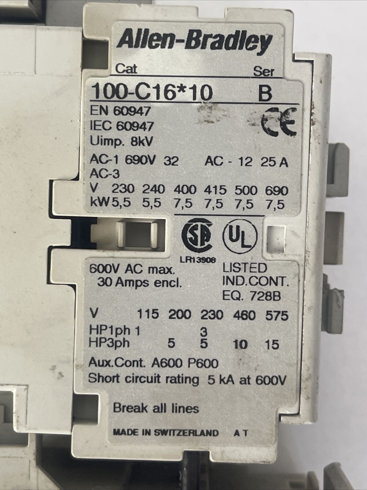 ALLEN BRADLEY STARTER (100-C16*10 CONTACTOR SER B 600VAC 30A 15HP 193-EA4FB)