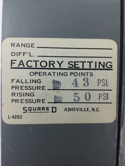 SQUARE D 9012 ACW1S11 SER.B, PRESSURE SWITCH, SET 43-50 PSI, FORM V, 9012 ACW1