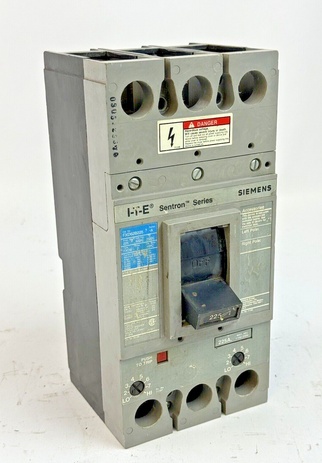 ITE / SIEMENS FXD62B225 - CIRCUIT BREAKER W/ 225 A TRIP - 225 A, 2 POLE, 600 VAC