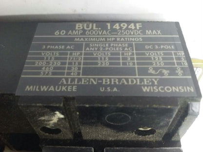 ALLEN BRADLEY 1494M-NF60 SER. A, FUSIBLE DISCONNECT SWITCH, 3P, 60A, 600V-250DC