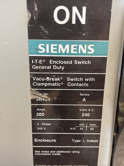 SIEMENS JN424 FUSIBLE VACU-BREAK SWITCH W/ CLAMPMATIC CONTACTS SER A 200A 240VAC