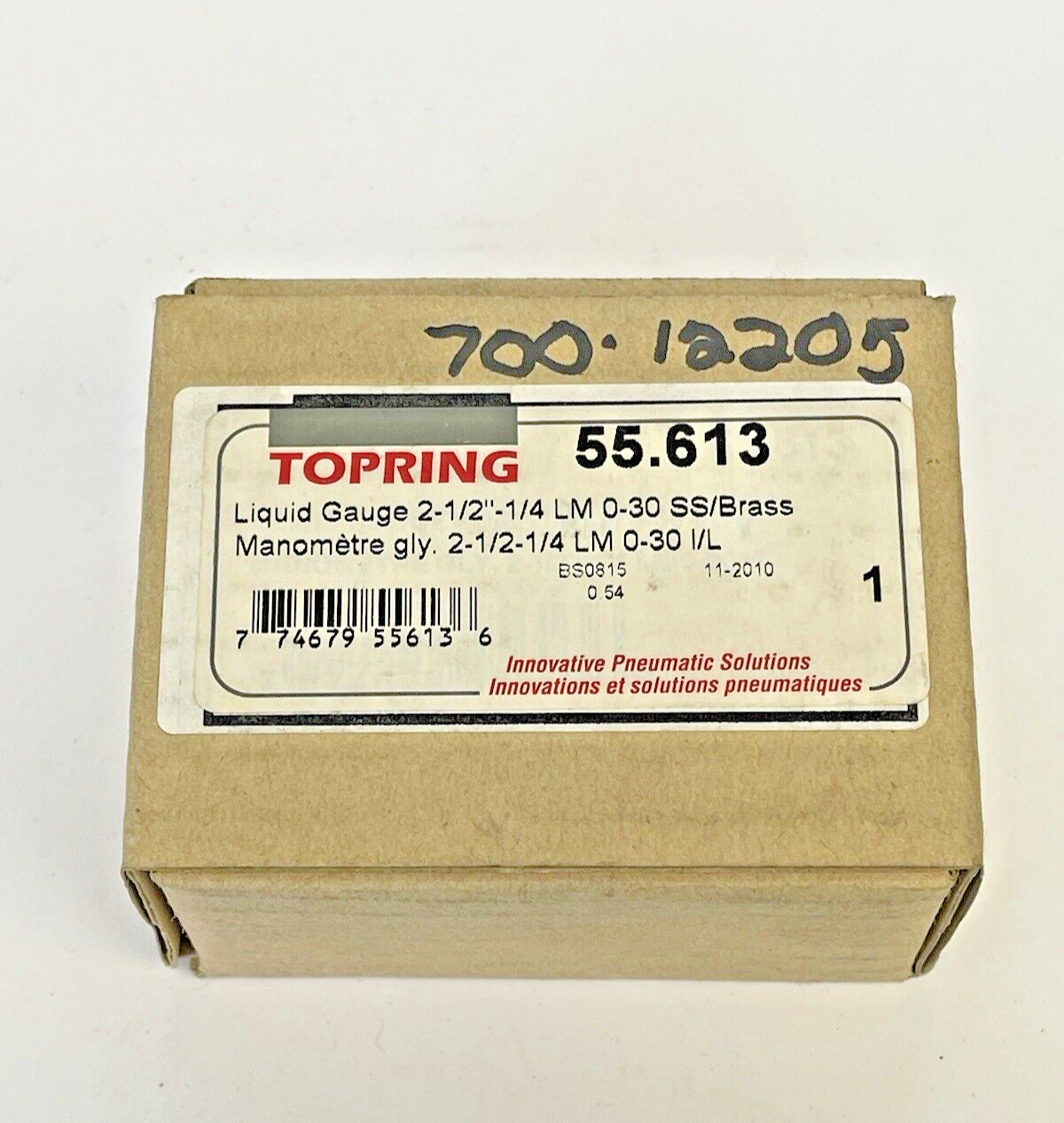 TOPRING - 55.613 - LIQUID GAUGE - 2.5" DIAMETER, 1/4" LM, 0-30 PSI - SS/BRASS