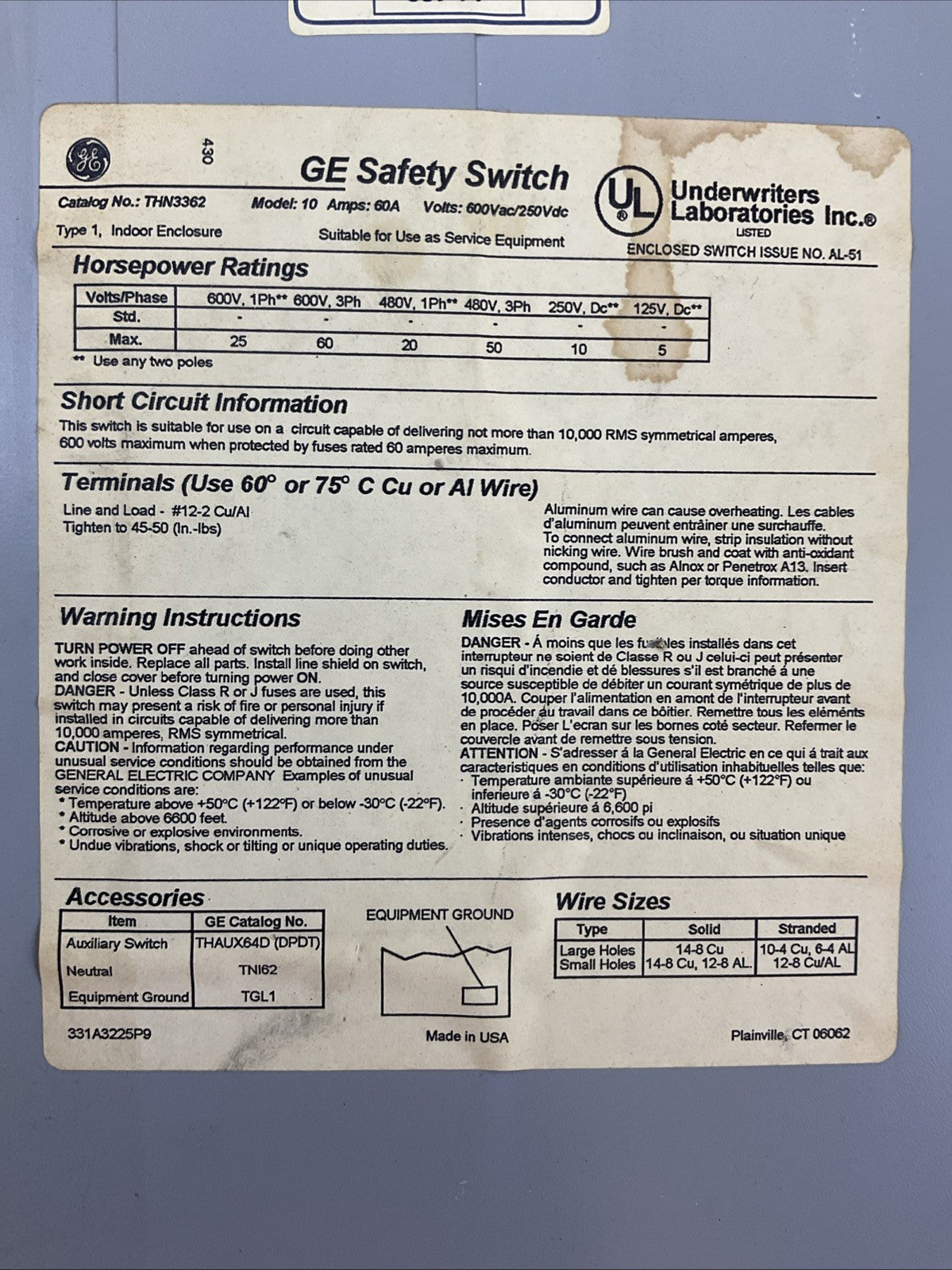GE THN3362 SAFETY SWITCH 60A 600VAC 250VDC 3PH 60 HP TYPE 1 MOD 10 192A7029P260