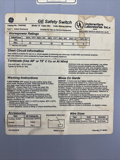 GE THN3362 SAFETY SWITCH 60A 600VAC 250VDC 3PH 60 HP TYPE 1 MOD 10 192A7029P260