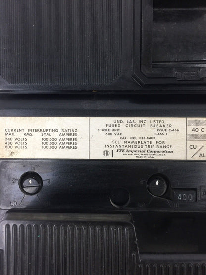 ITE CJ3-B400 FUSED CIRCUIT BREAKER 600 VAC 3 POLE UNIT 400 AMPS